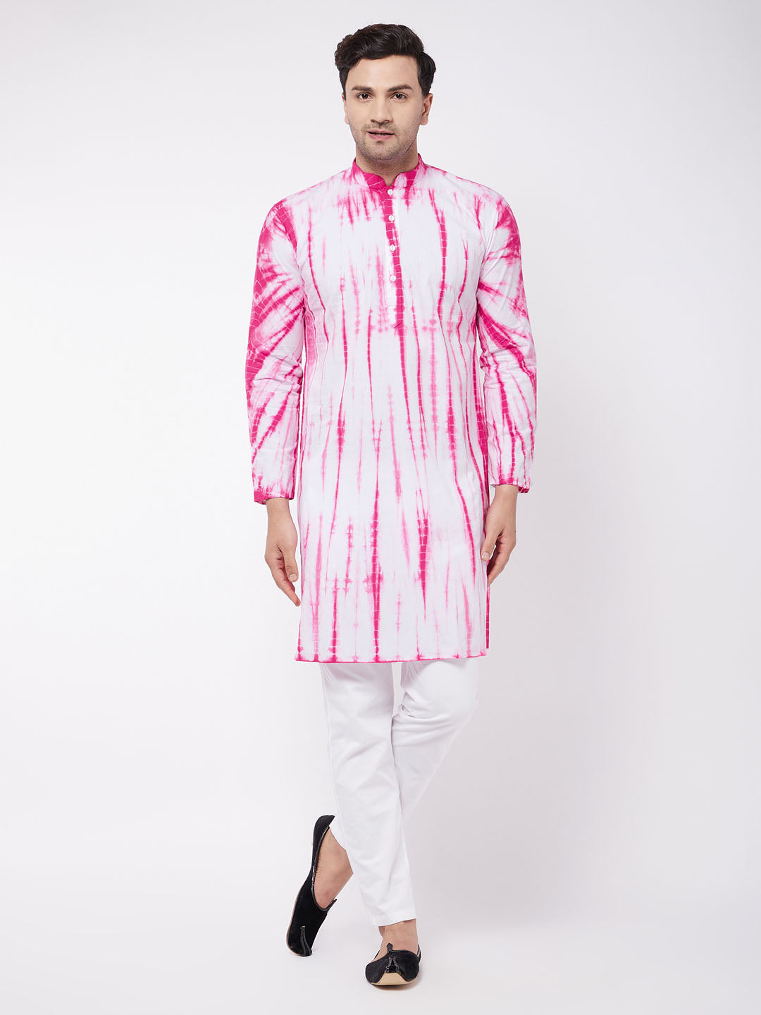 Vastramay Men's Pink And White Pure Cotton Kurta Pyjama Set - Grab2buy