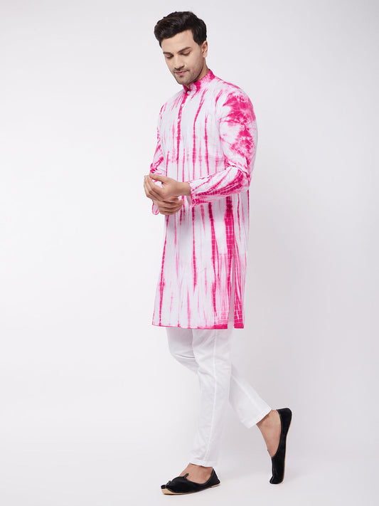 Vastramay Men's Pink And White Pure Cotton Kurta Pyjama Set - Grab2buy