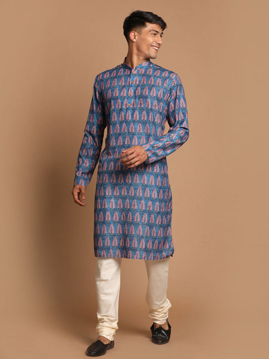 Vastramay Men's Blue And Cream Cotton Blend Kurta Pyjama Set - Grab2buy