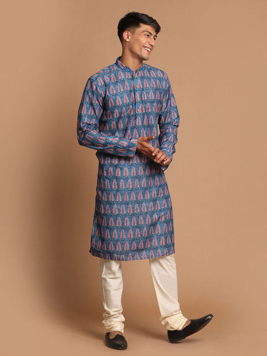 Vastramay Men's Blue And Cream Cotton Blend Kurta Pyjama Set - Grab2buy