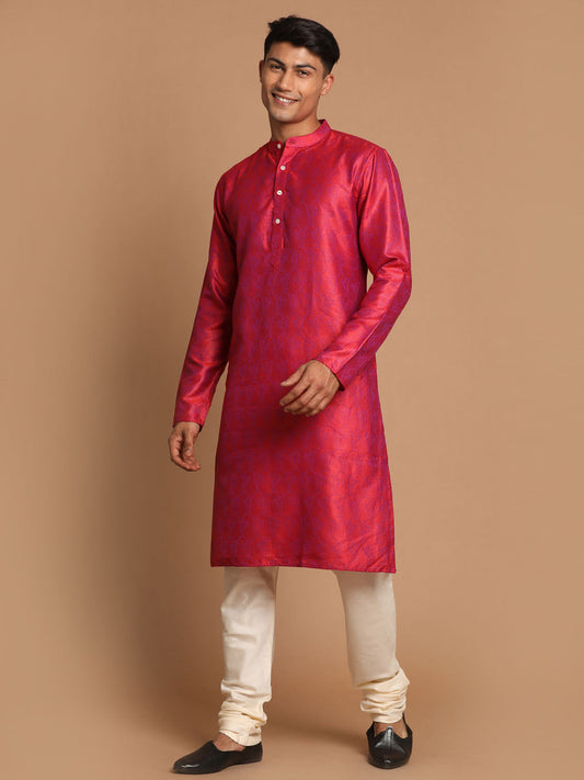 Vastramay Men's Red And Cream Silk Blend Kurta Pyjama Set - Grab2buy