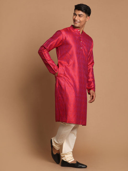 Vastramay Men's Red And Cream Silk Blend Kurta Pyjama Set - Grab2buy