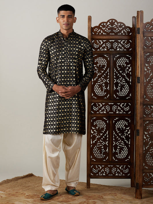 Vastramay Men's Black And Cream Viscose Kurta And Patiala Set - Grab2buy