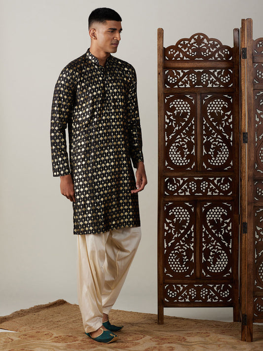 Vastramay Men's Black And Cream Viscose Kurta And Patiala Set - Grab2buy