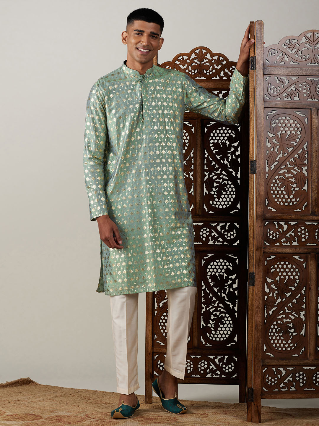 Vastramay Men's Green And Cream Viscose Kurta Pyjama Set - Grab2buy