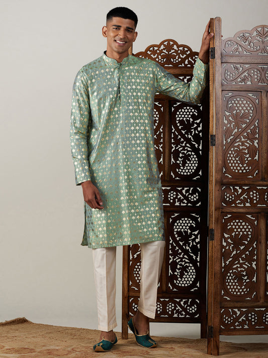 Vastramay Men's Green And Cream Viscose Kurta Pyjama Set - Grab2buy