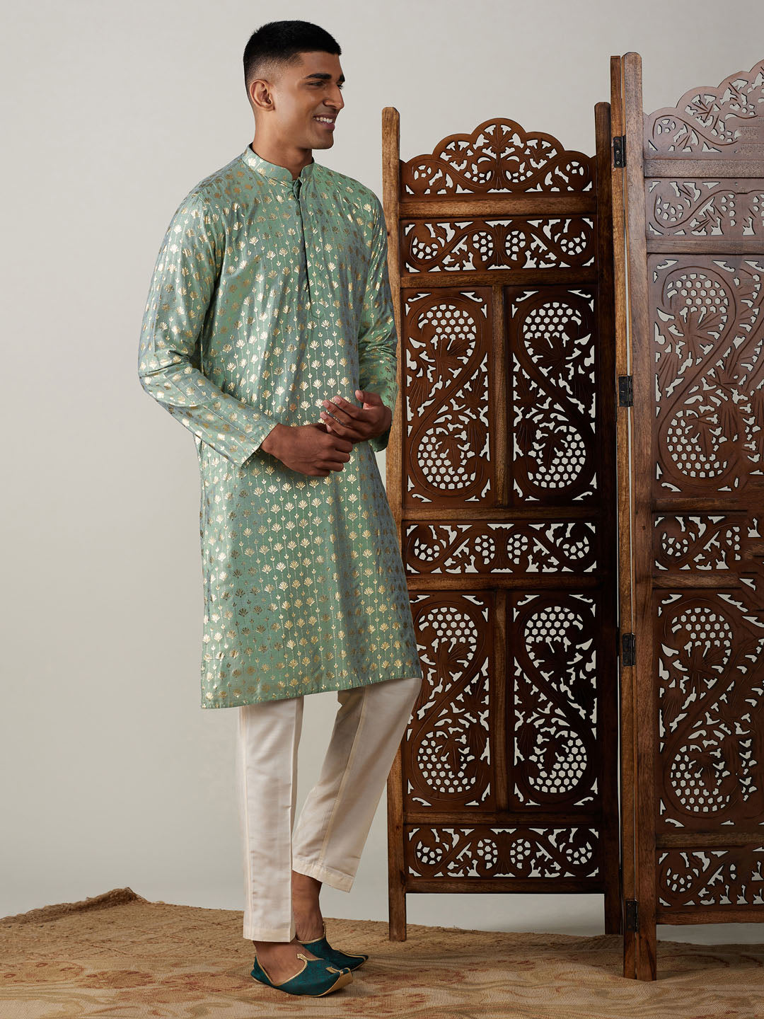 Vastramay Men's Green And Cream Viscose Kurta Pyjama Set - Grab2buy