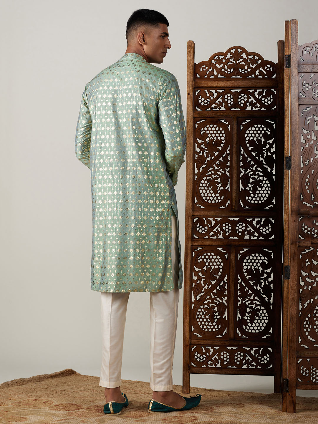 Vastramay Men's Green And Cream Viscose Kurta Pyjama Set - Grab2buy