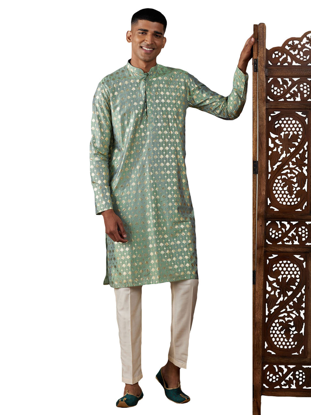 Vastramay Men's Green And Cream Viscose Kurta Pyjama Set - Grab2buy