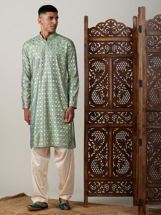 Vastramay Men's Green And Cream Viscose Kurta And Patiala Set - Grab2buy
