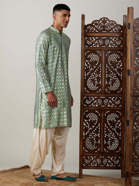 Vastramay Men's Green And Cream Viscose Kurta And Patiala Set - Grab2buy