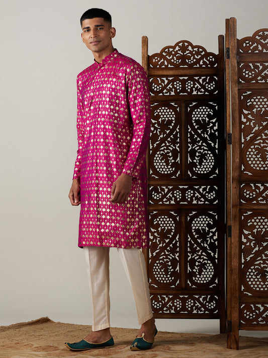 Vastramay Men's Pink And Cream Viscose Kurta Pyjama Set - Grab2buy