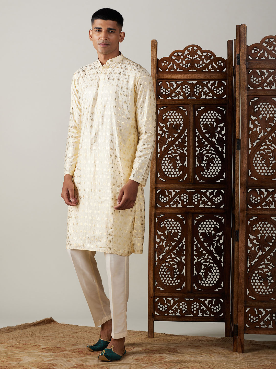 Vastramay Men's Gold And Cream Viscose Kurta Pyjama Set - Grab2buy