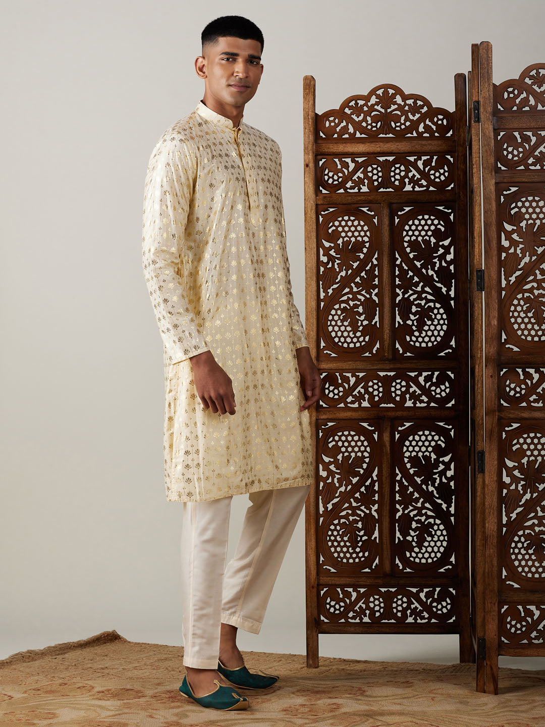 Vastramay Men's Gold And Cream Viscose Kurta Pyjama Set - Grab2buy