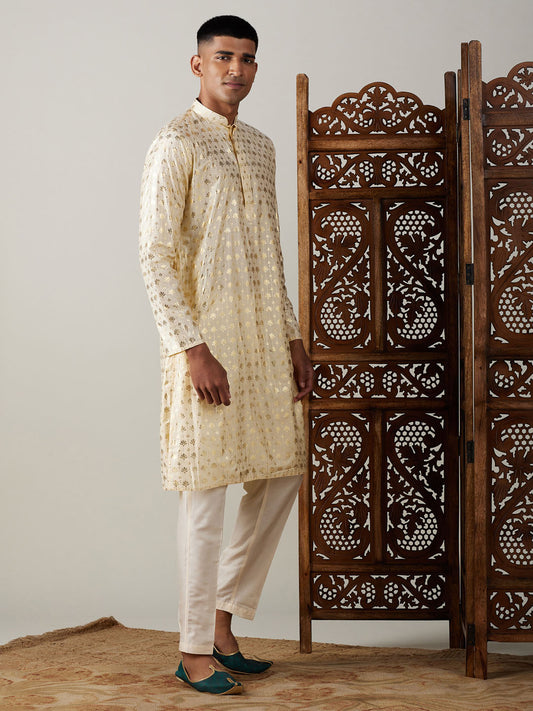 Vastramay Men's Gold And Cream Viscose Kurta Pyjama Set - Grab2buy