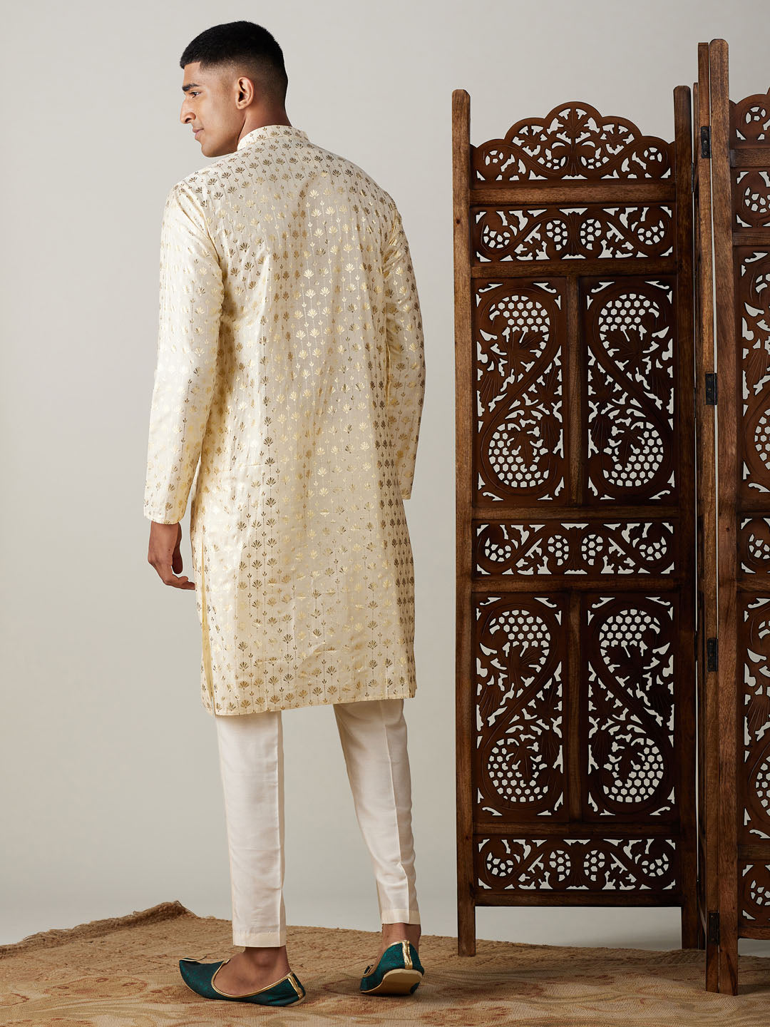 Vastramay Men's Gold And Cream Viscose Kurta Pyjama Set - Grab2buy