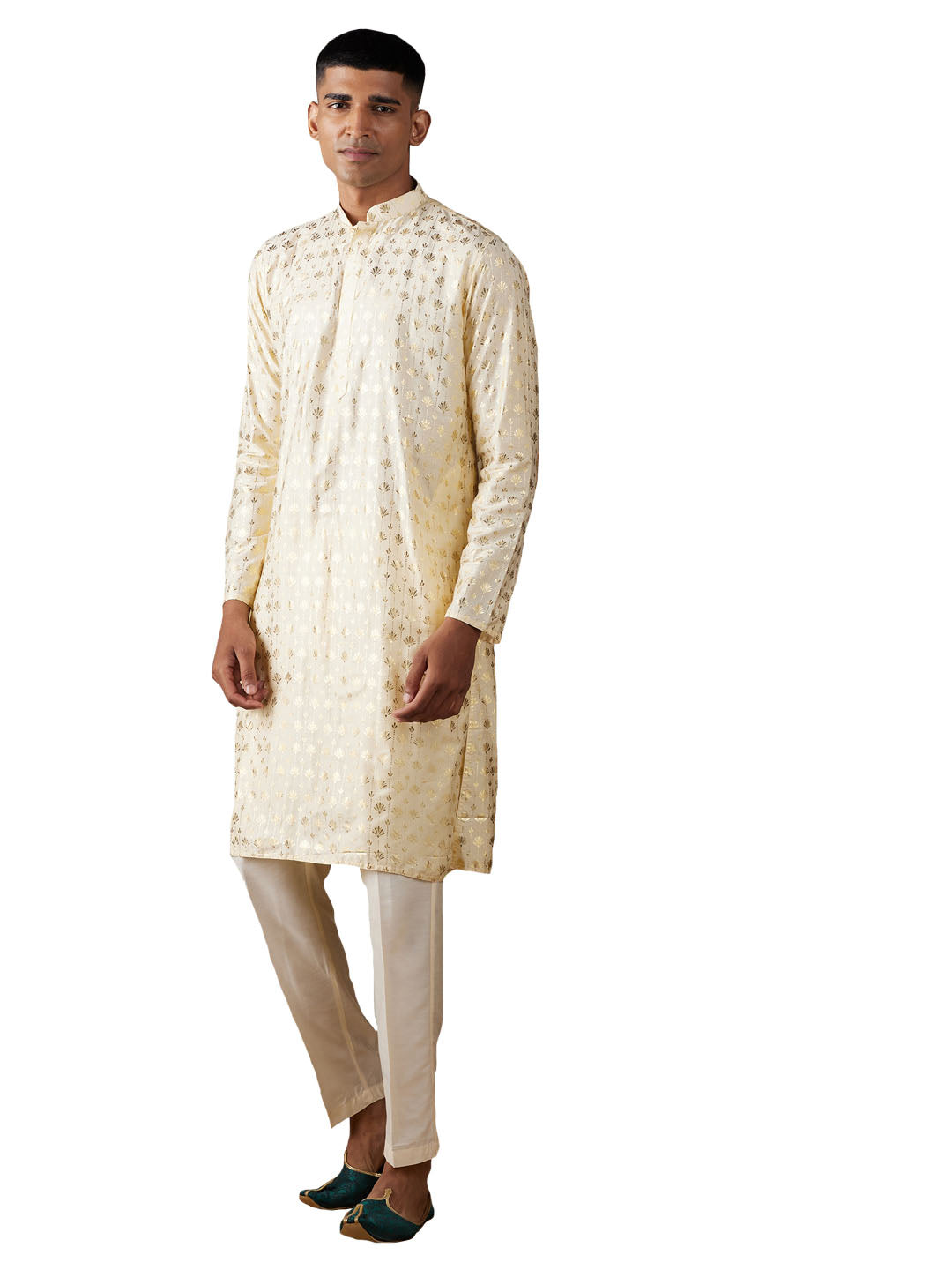 Vastramay Men's Gold And Cream Viscose Kurta Pyjama Set - Grab2buy