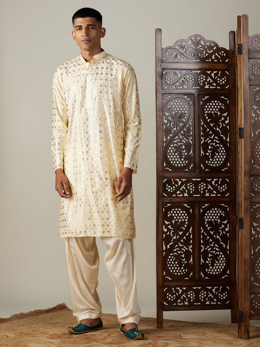 Vastramay Men's Gold And Cream Viscose Kurta And Patiala Set - Grab2buy