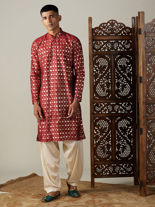 Vastramay Men's Maroon And Cream Viscose Kurta And Patiala Set - Grab2buy