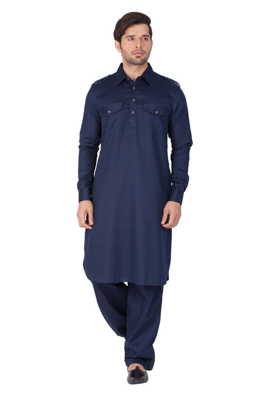 Vastramay Men's Blue Cotton Blend Pathani Kurta Set - Grab2buy