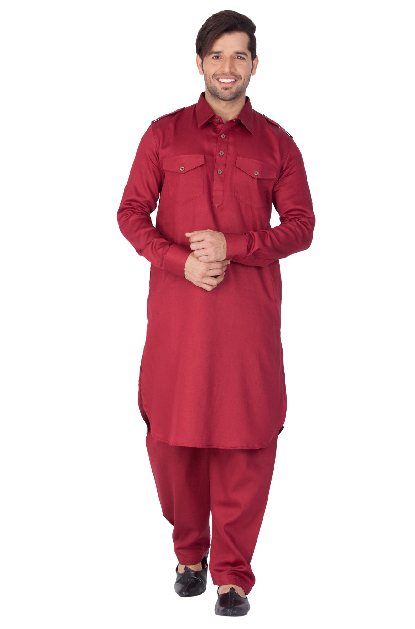 Vastramay Men's Maroon Cotton Blend Pathani Kurta Set - Grab2buy