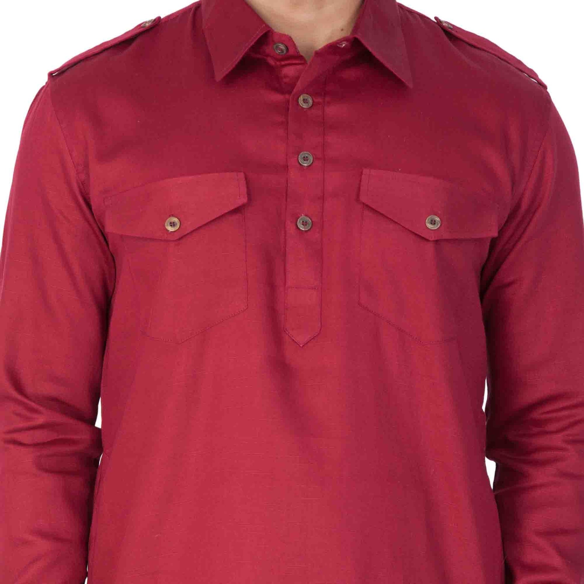 Vastramay Men's Maroon Cotton Blend Pathani Kurta Set - Grab2buy