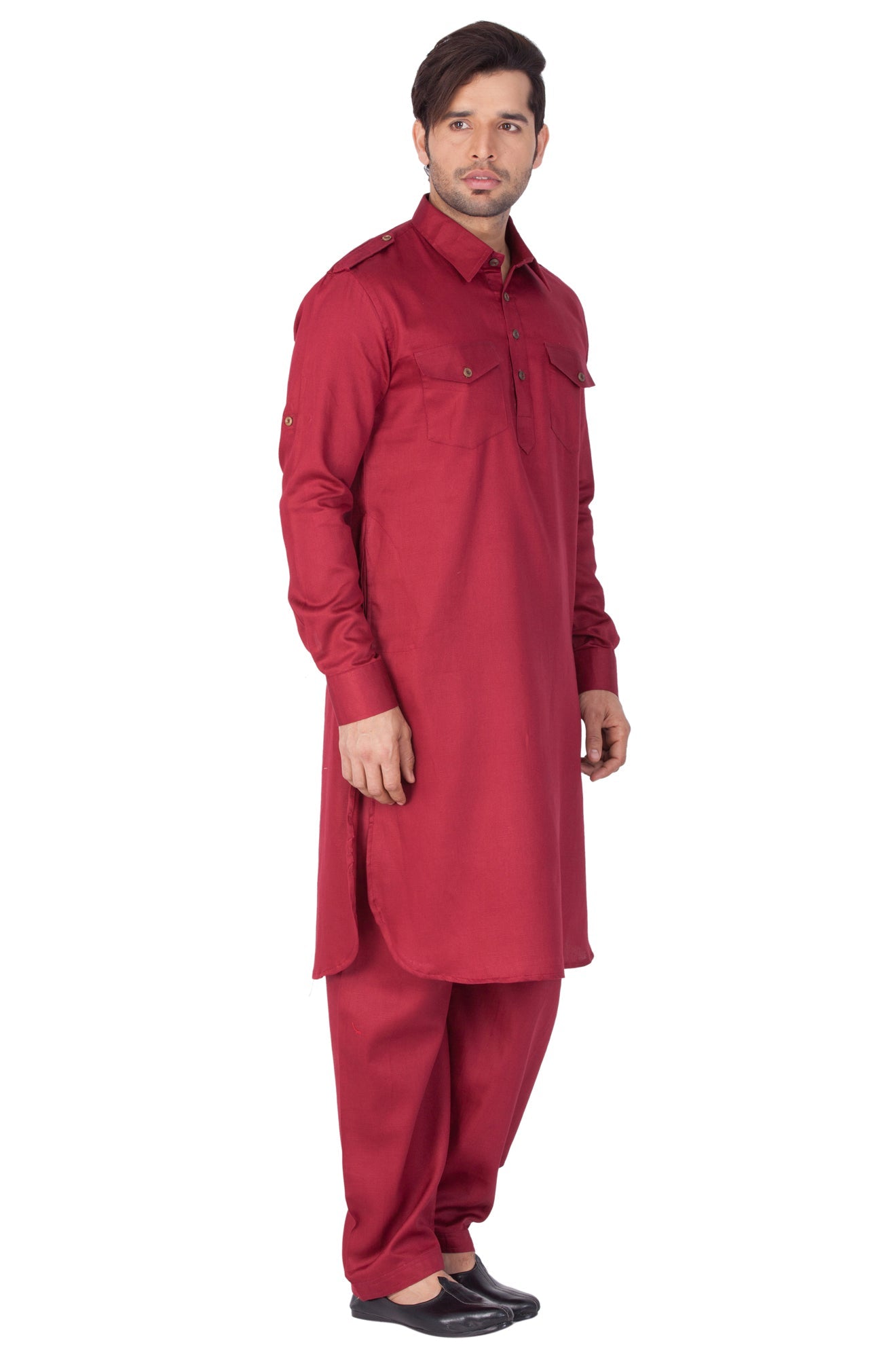 Vastramay Men's Maroon Cotton Blend Pathani Kurta Set - Grab2buy