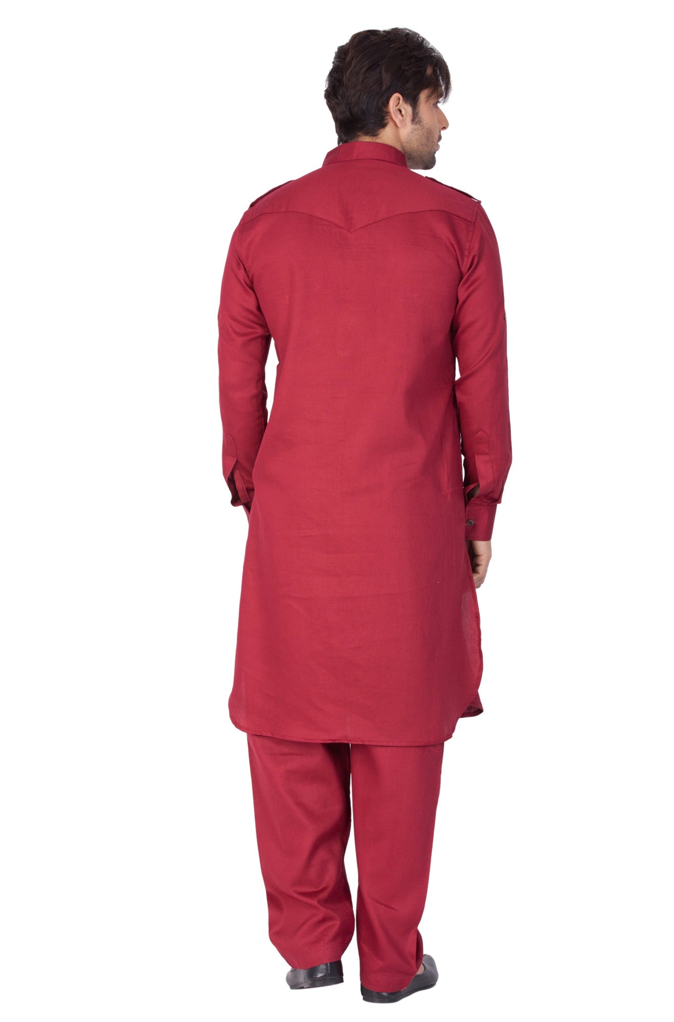 Vastramay Men's Maroon Cotton Blend Pathani Kurta Set - Grab2buy