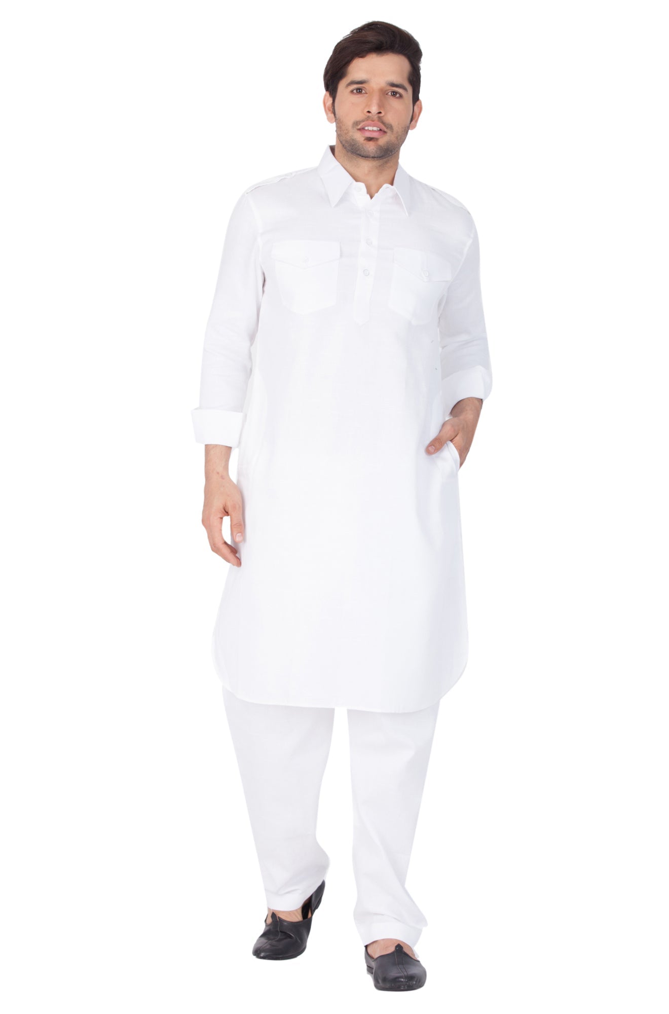 Vastramay Men's White Cotton Blend Pathani Kurta Set - Grab2buy