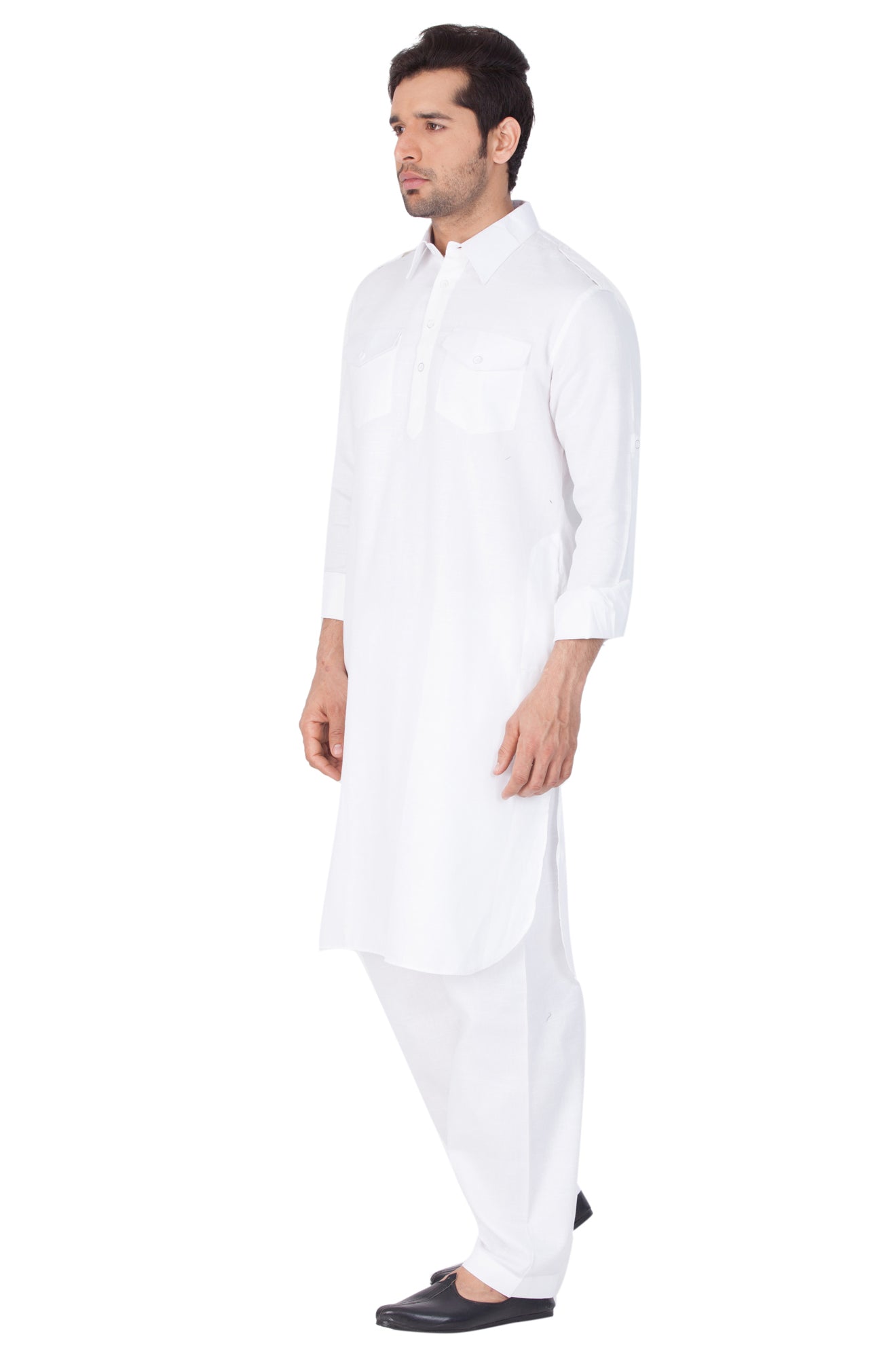Vastramay Men's White Cotton Blend Pathani Kurta Set - Grab2buy