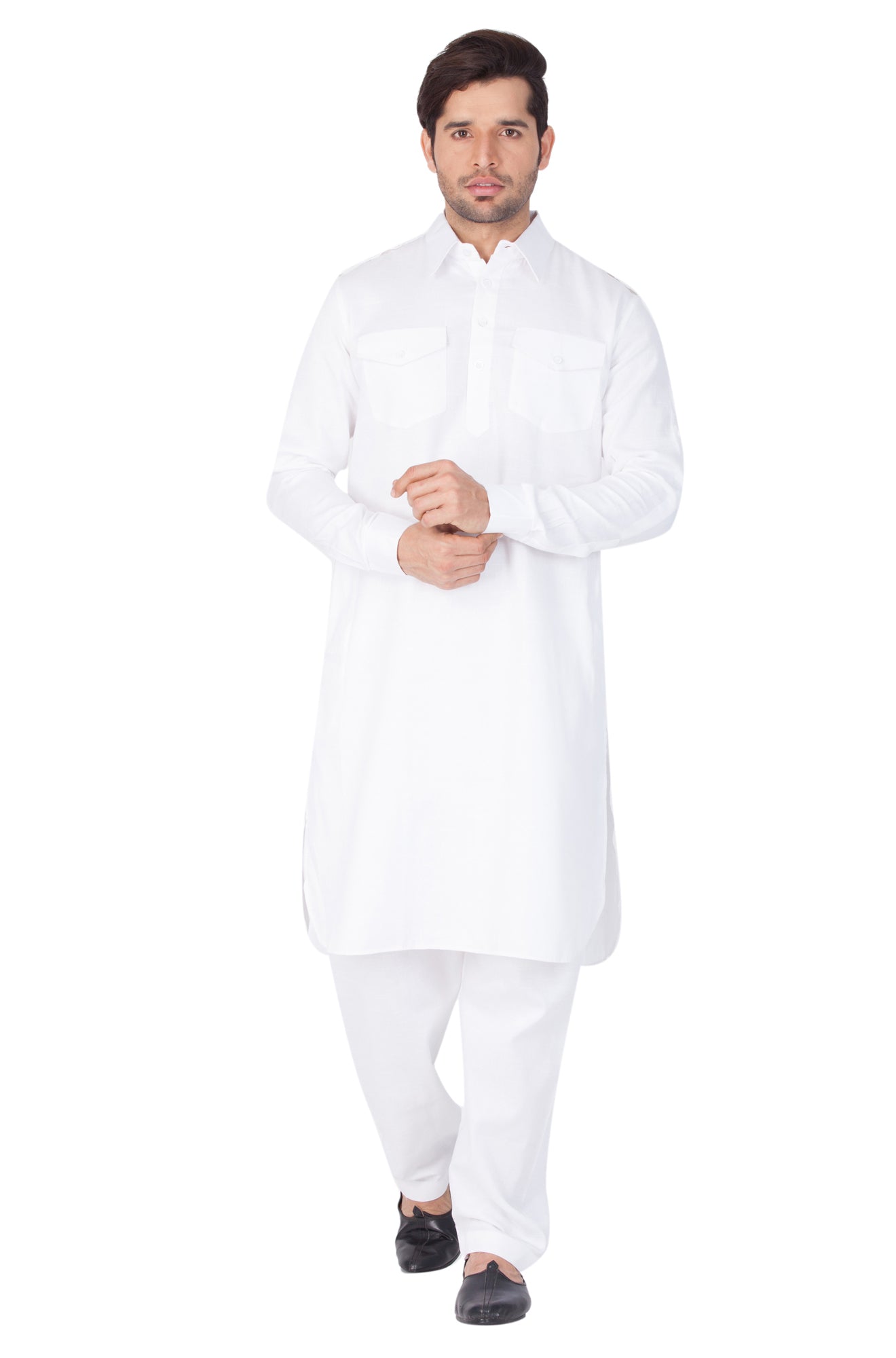 Vastramay Men's White Cotton Blend Pathani Kurta Set - Grab2buy