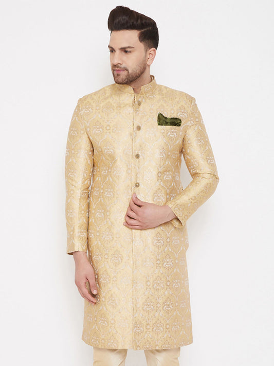 Vastramay Men's Gold Silk Blend Sherwani Only Top - Grab2buy