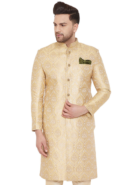 Vastramay Men's Gold Silk Blend Sherwani Only Top - Grab2buy