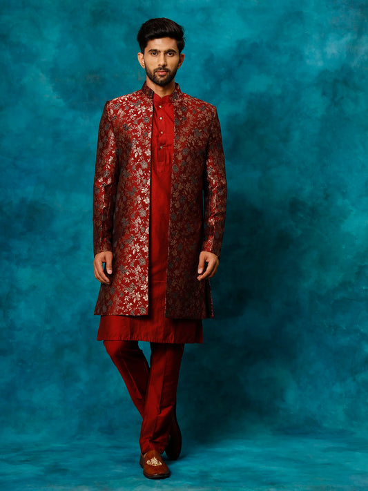 Vastramay Men's Red Viscose Sherwani Set - Grab2buy