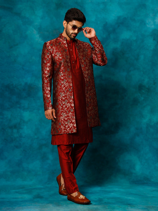 Vastramay Men's Red Viscose Sherwani Set - Grab2buy