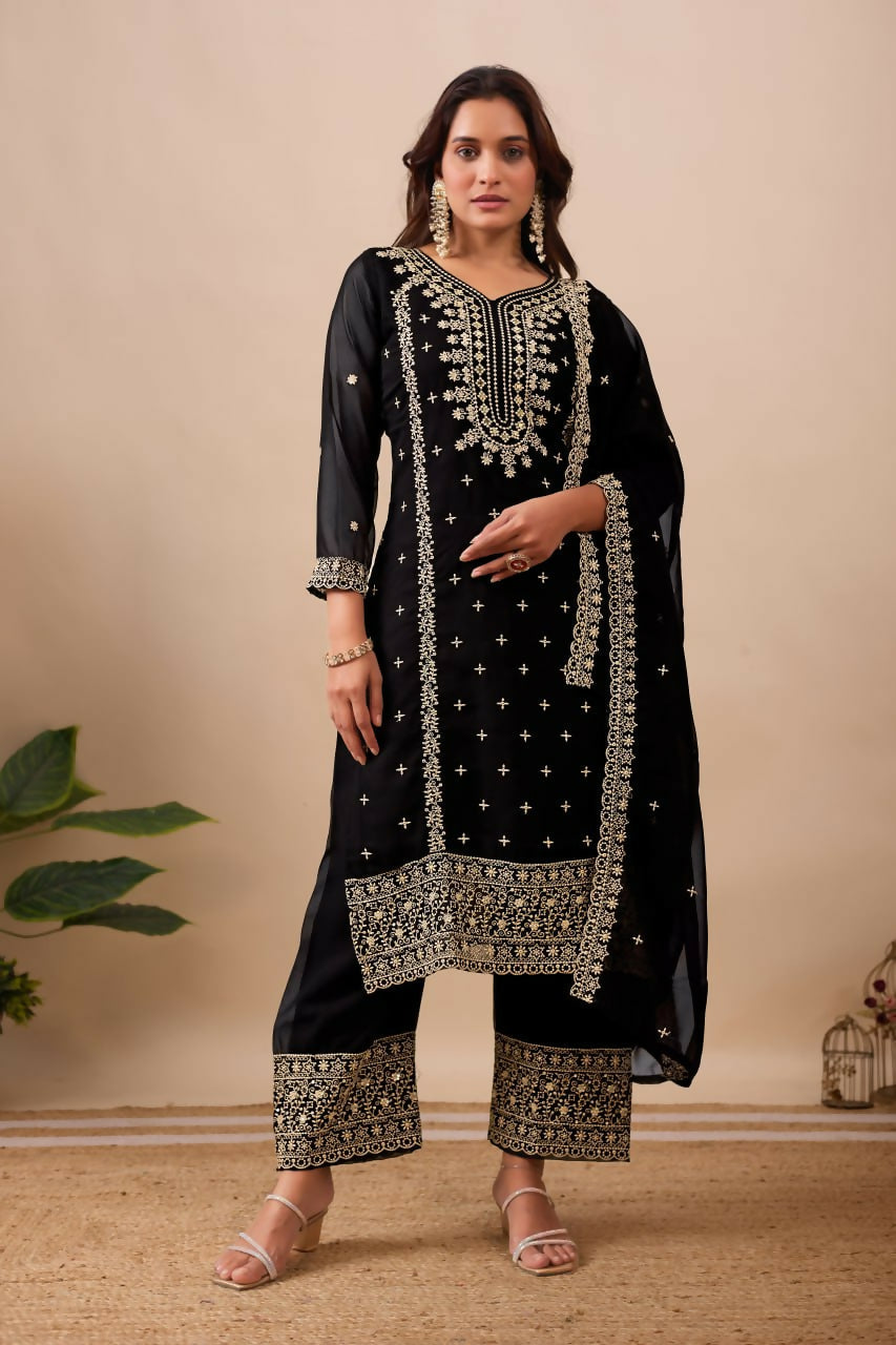Joban Fashion Black Velvet Embroidery Sequence Work Readymade Kurta Set