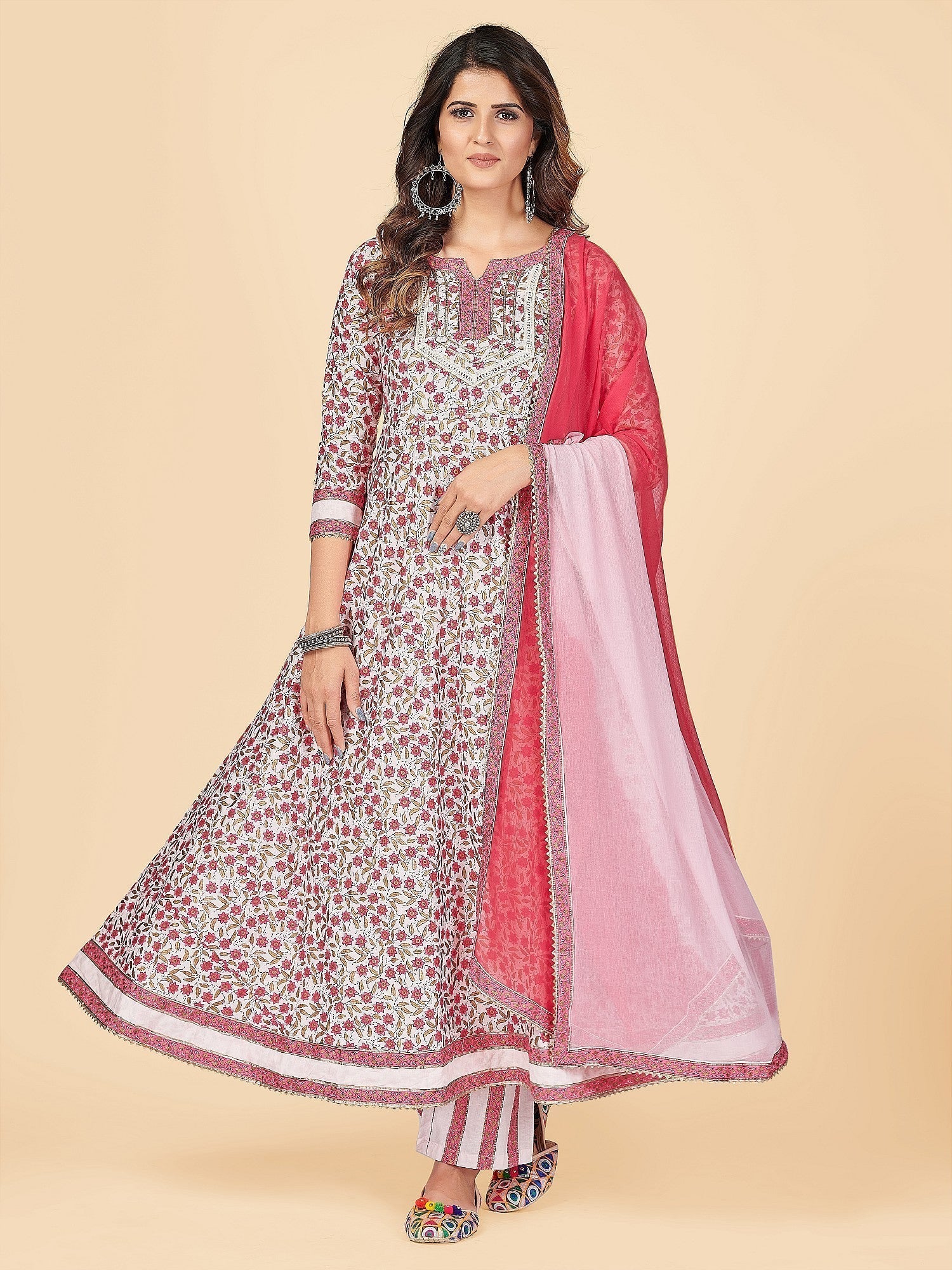 NOZ2TOZ Women's Pink Anarkali Kurta & Pant With Dupatta Set- (3pcs set) 