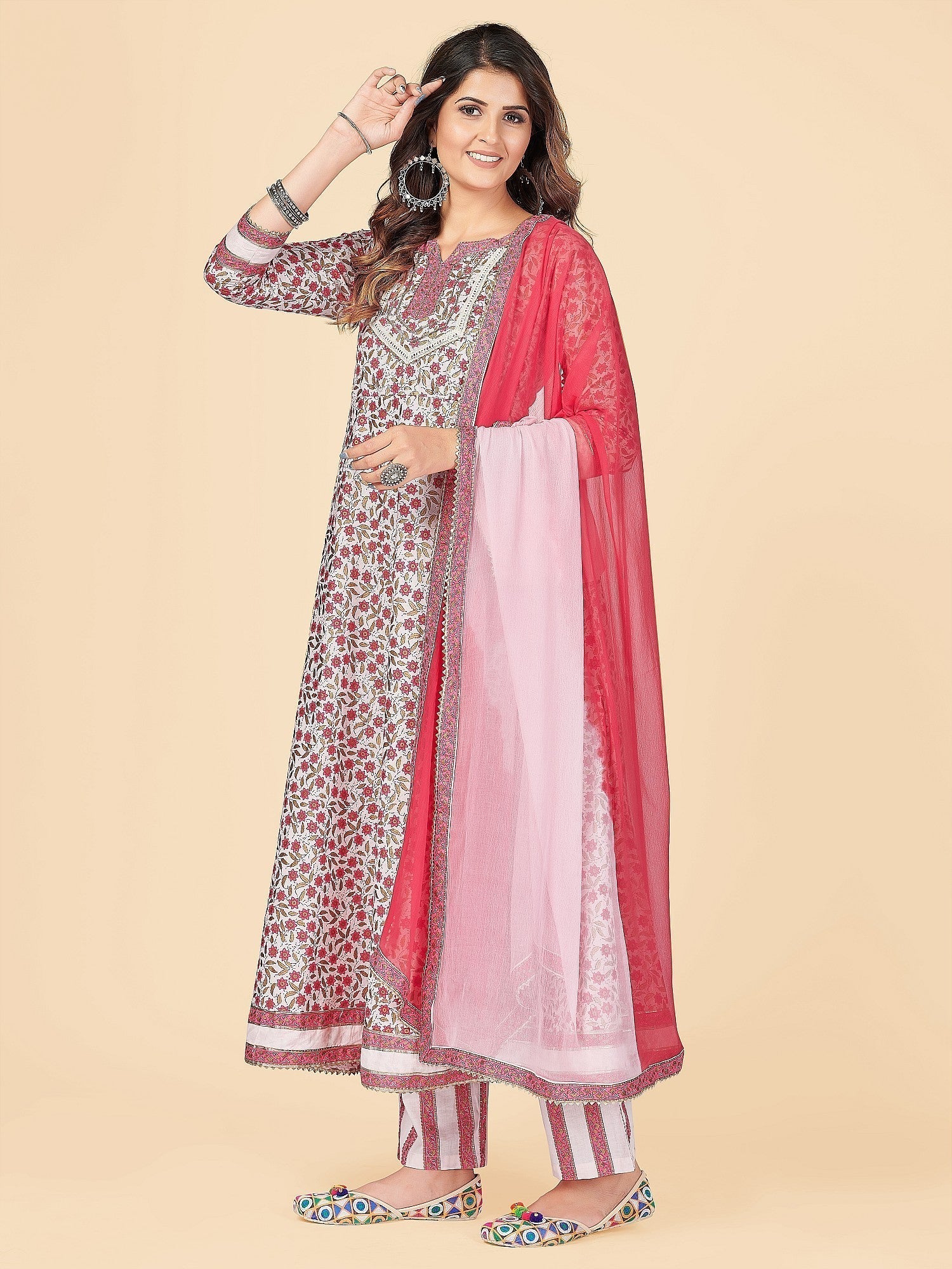 NOZ2TOZ Women's Pink Anarkali Kurta & Pant With Dupatta Set- (3pcs set) 