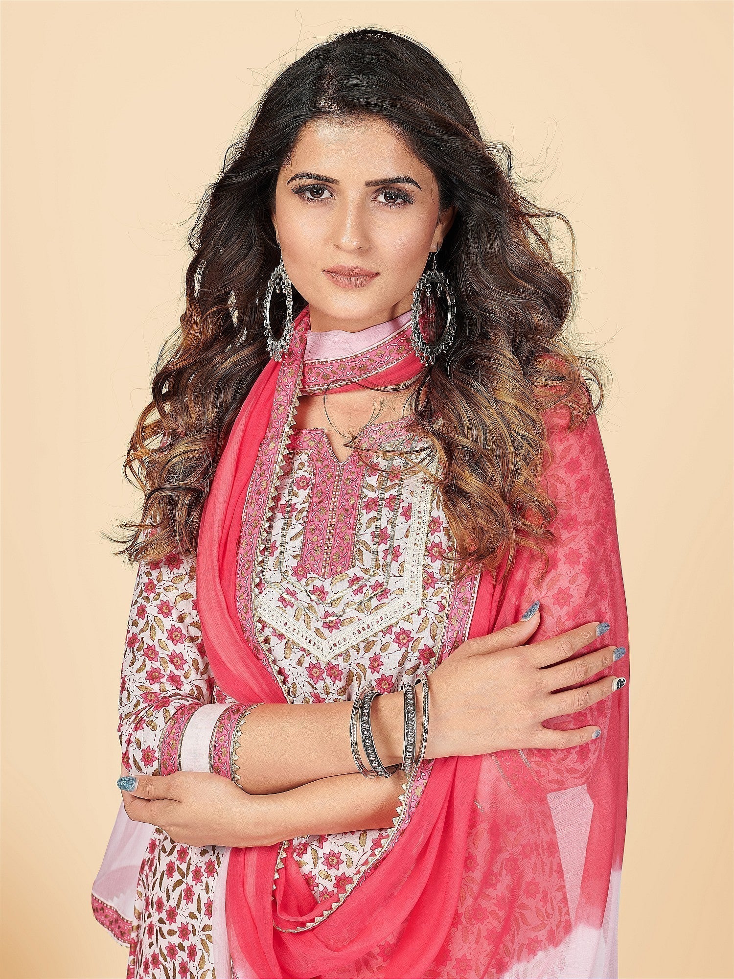 NOZ2TOZ Women's Pink Anarkali Kurta & Pant With Dupatta Set- (3pcs set) 