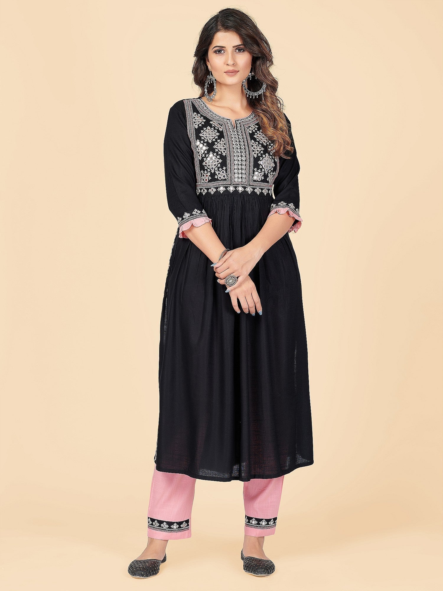 NOZ2TOZ Women's Embroidered & Mirror Work A-Line With Side Slit Rayon Black Stitched Kurta With Pant 