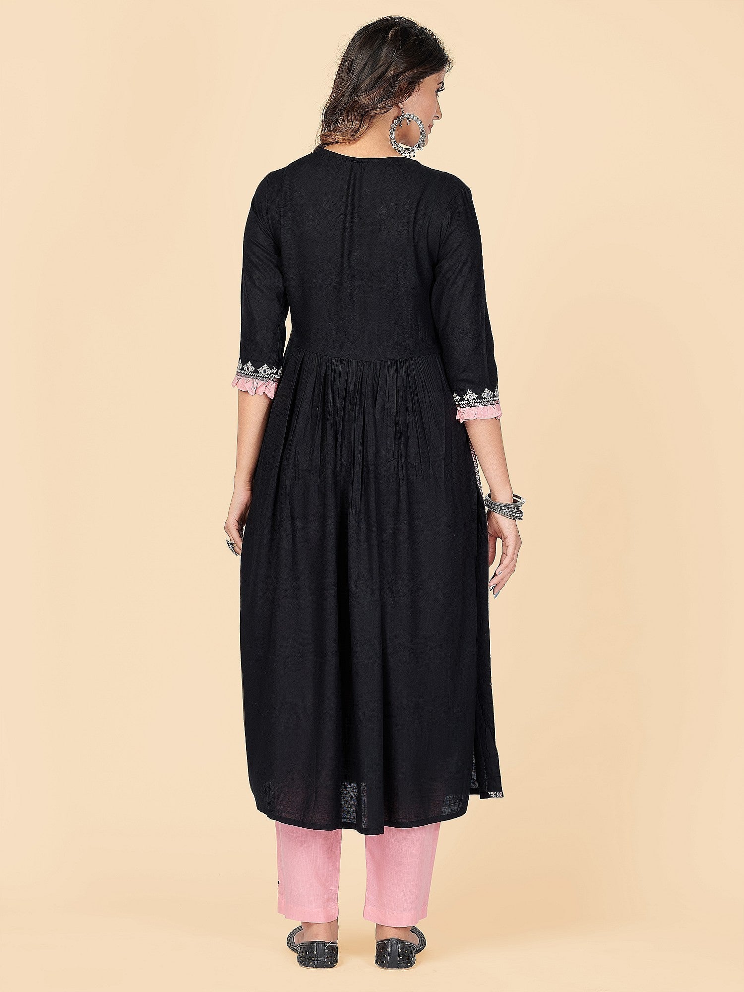 NOZ2TOZ Women's Embroidered & Mirror Work A-Line With Side Slit Rayon Black Stitched Kurta With Pant 