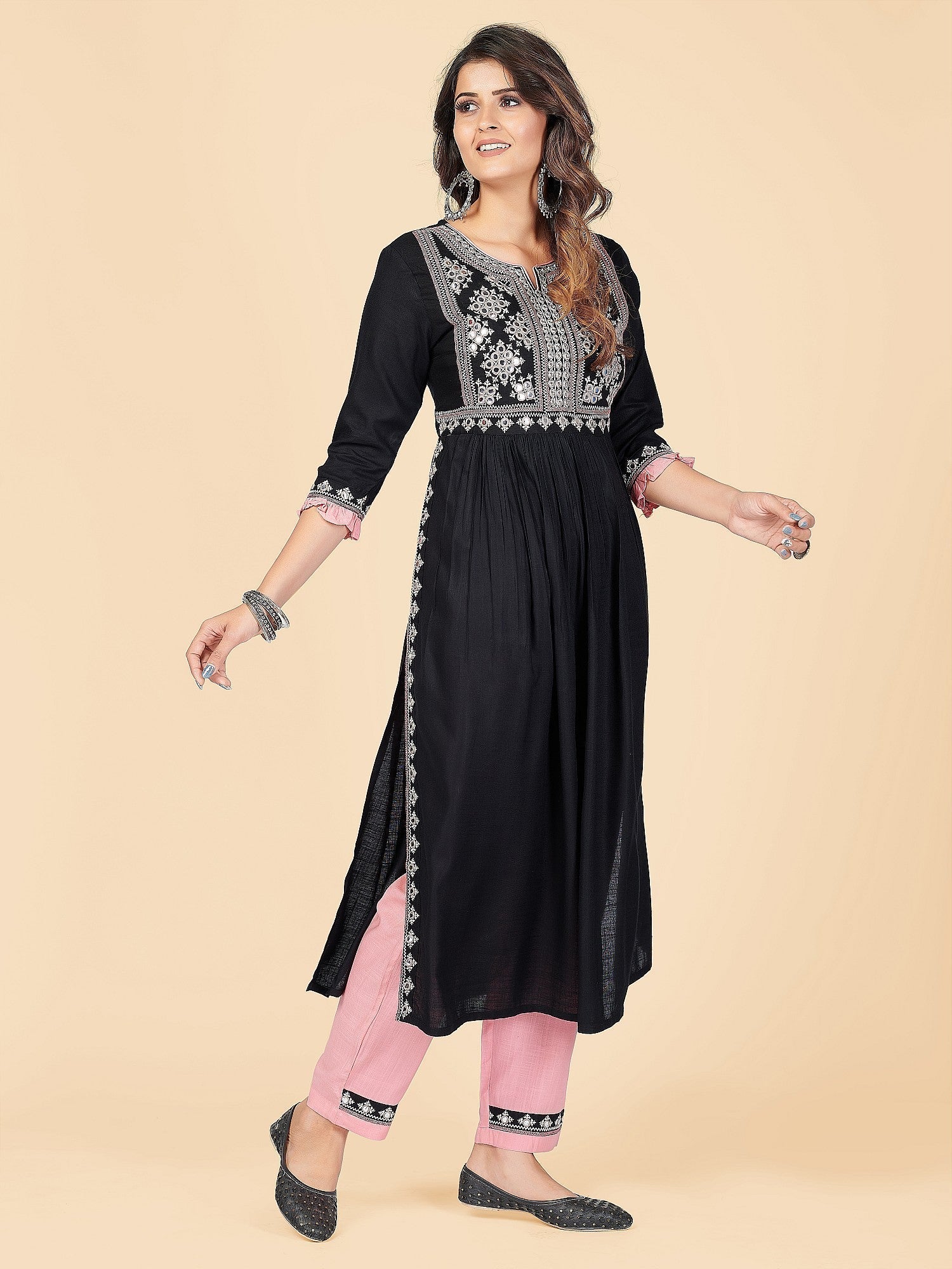 NOZ2TOZ Women's Embroidered & Mirror Work A-Line With Side Slit Rayon Black Stitched Kurta With Pant 