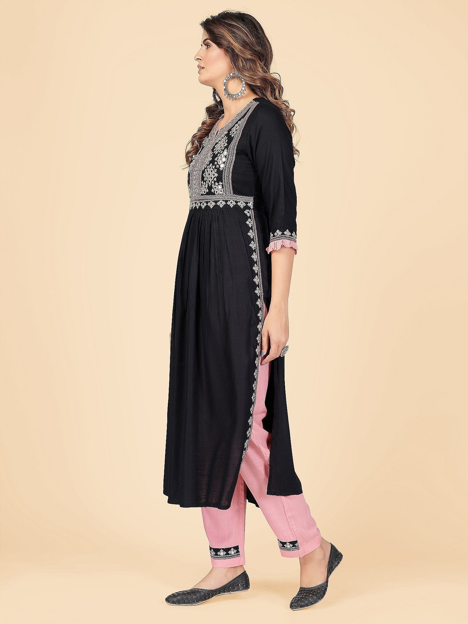 NOZ2TOZ Women's Embroidered & Mirror Work A-Line With Side Slit Rayon Black Stitched Kurta With Pant 