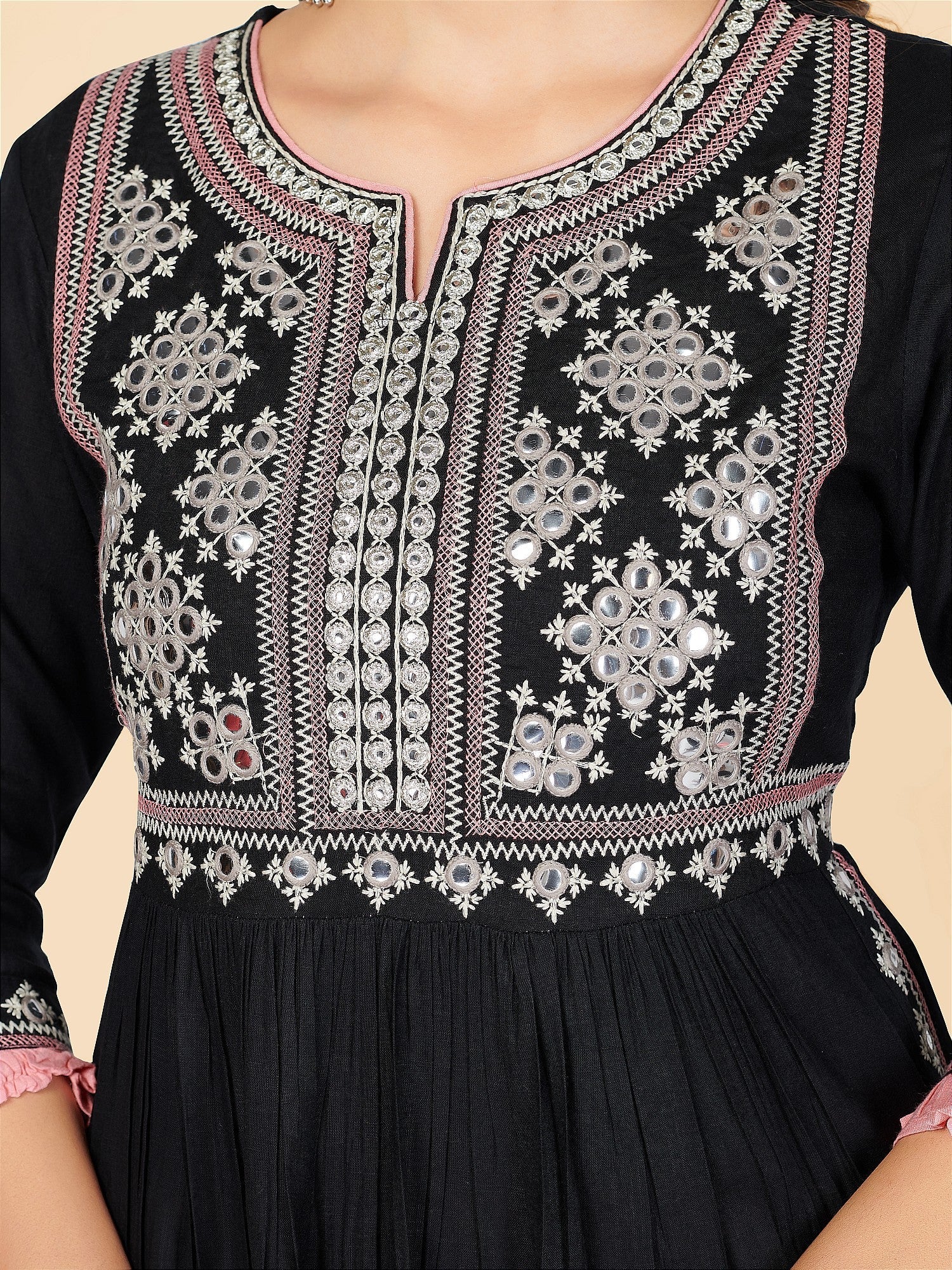 NOZ2TOZ Women's Embroidered & Mirror Work A-Line With Side Slit Rayon Black Stitched Kurta With Pant 