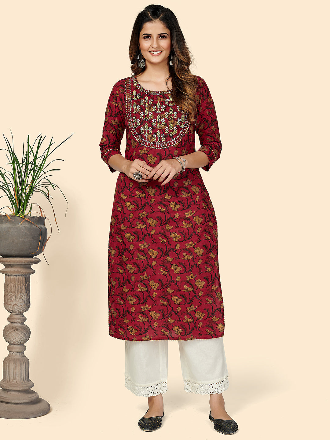NOZ2TOZ Women's Printed & Embroidered Straight Cotton Red Stitched Kurta 