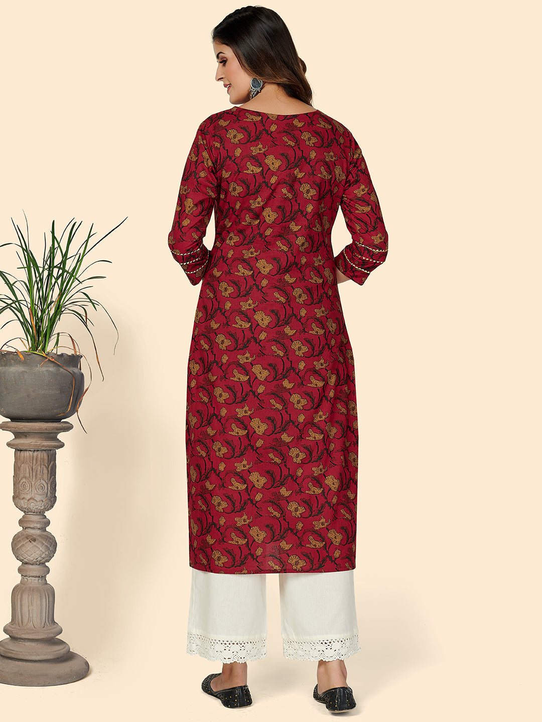 NOZ2TOZ Women's Printed & Embroidered Straight Cotton Red Stitched Kurta 
