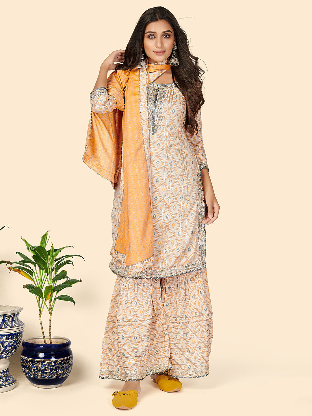 NOZ2TOZ Women's Print & Gota Patti Straight Muslin Yellow Stitched Kurta Sharara With Dupatta 