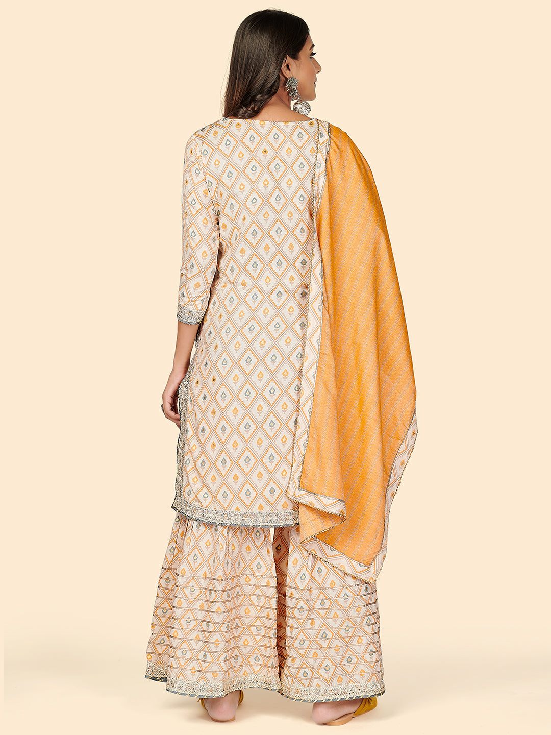 NOZ2TOZ Women's Print & Gota Patti Straight Muslin Yellow Stitched Kurta Sharara With Dupatta 