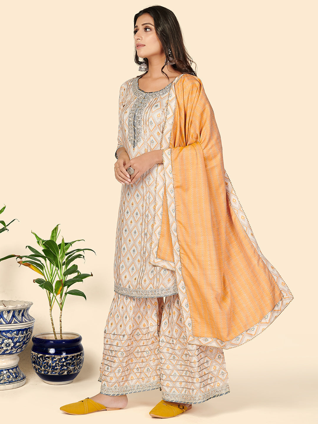 NOZ2TOZ Women's Print & Gota Patti Straight Muslin Yellow Stitched Kurta Sharara With Dupatta 