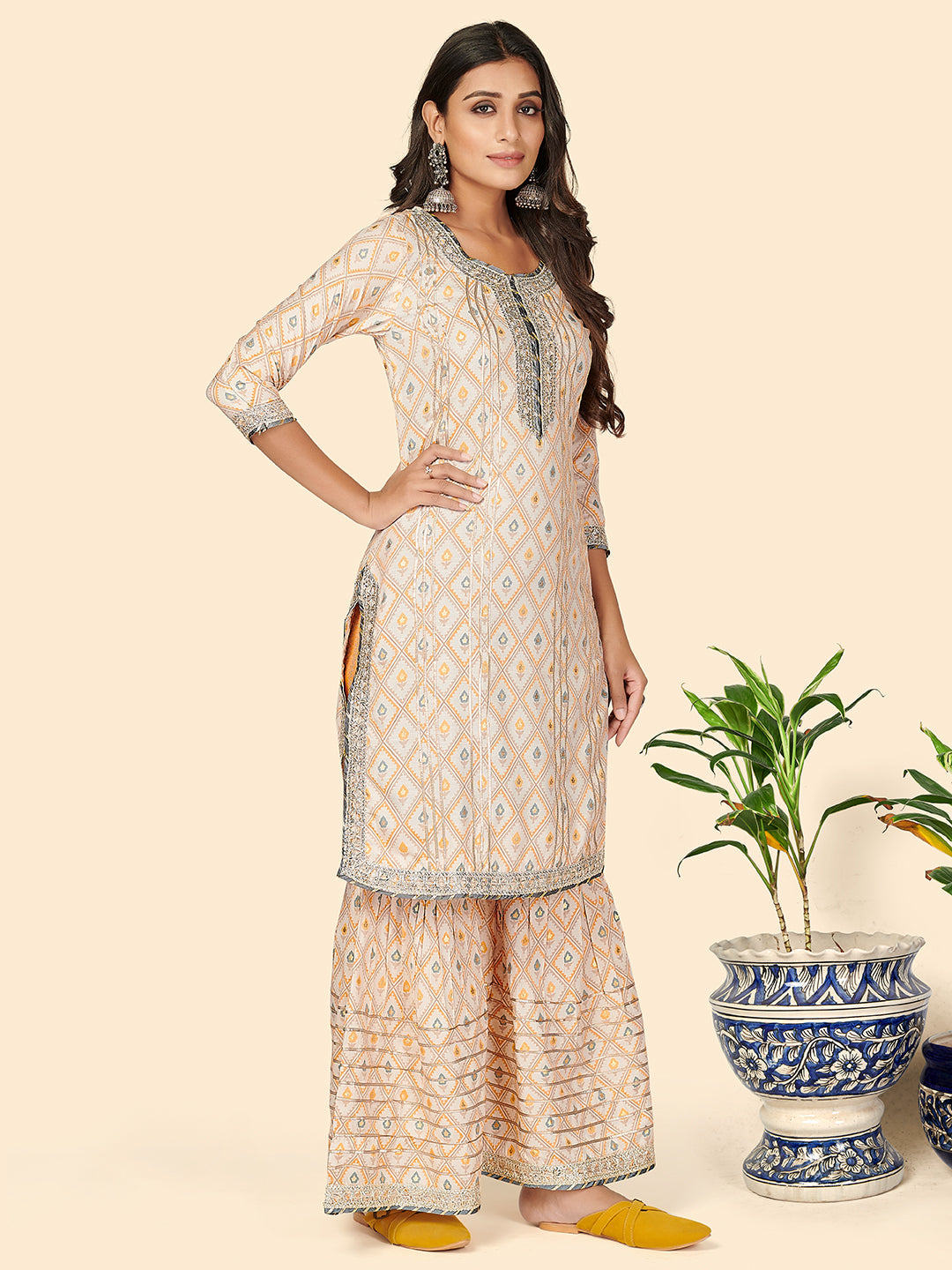 NOZ2TOZ Women's Print & Gota Patti Straight Muslin Yellow Stitched Kurta Sharara With Dupatta 